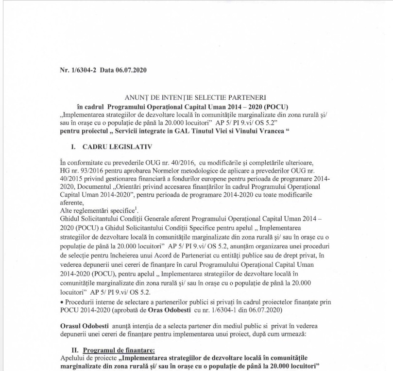 Anunț de intenție selecție parteneri proiect POCU 5.2