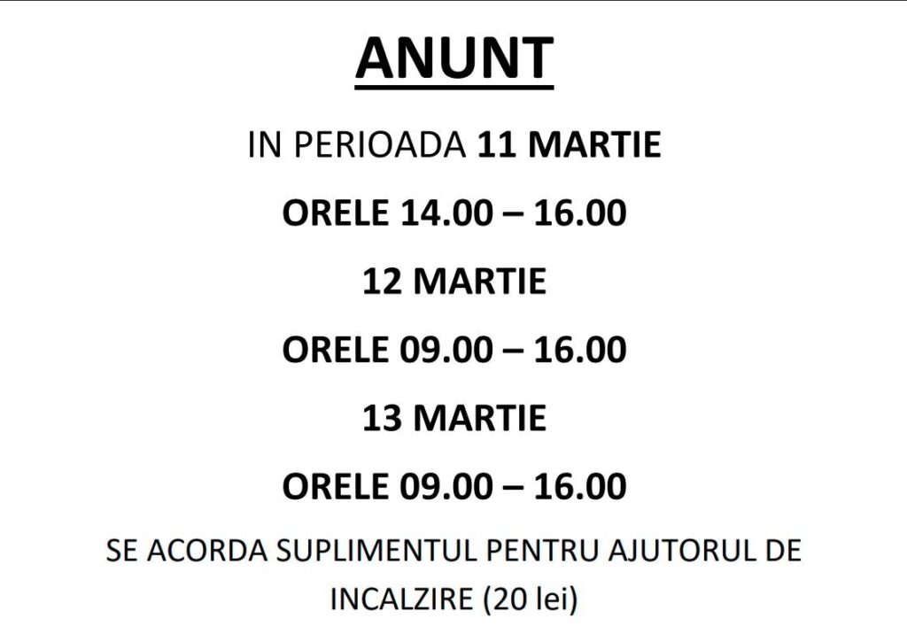 ANUNȚ PRIVIND ACORDAREA SUPLIMENTULUI DE ÎNCĂLZIRE