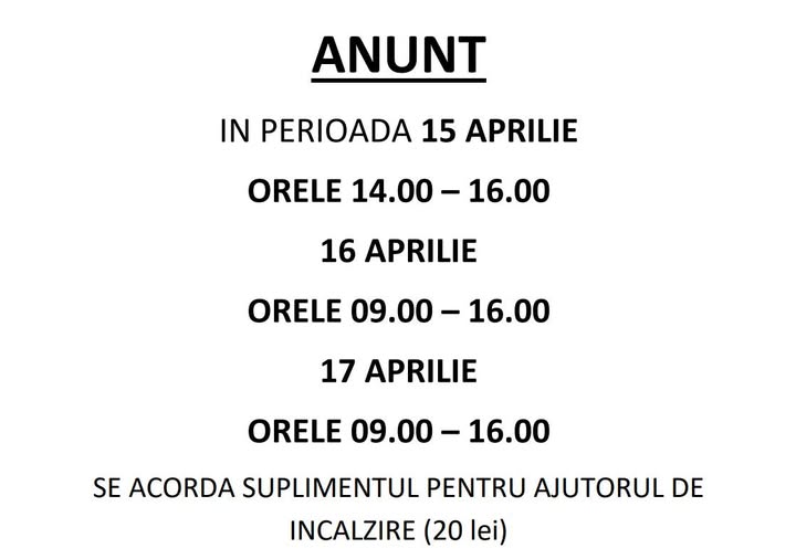 Anunț privind acordarea suplimentului de încălzire