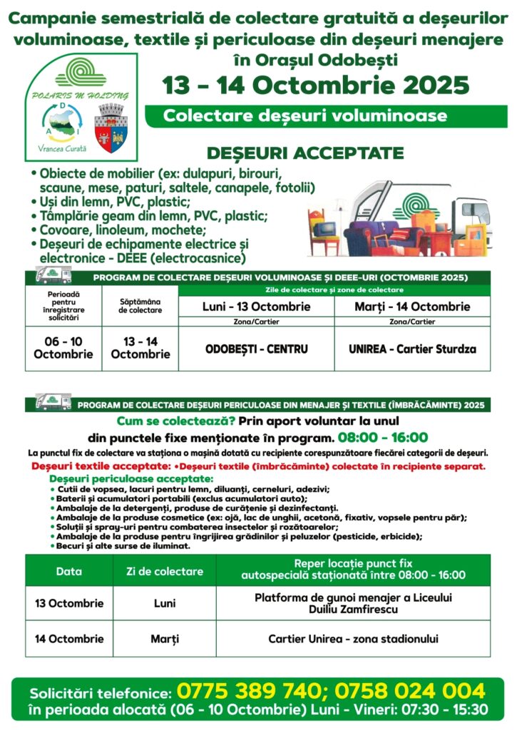 Campanie de colectare a deșeurilor voluminoase, textile și periculoase în Odobești