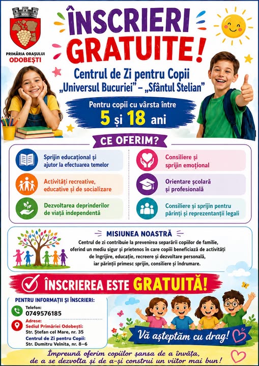Înscrieri gratuite la Centrul de Zi pentru Copii „Universul Bucuriei” – „Sfântul Stelian”