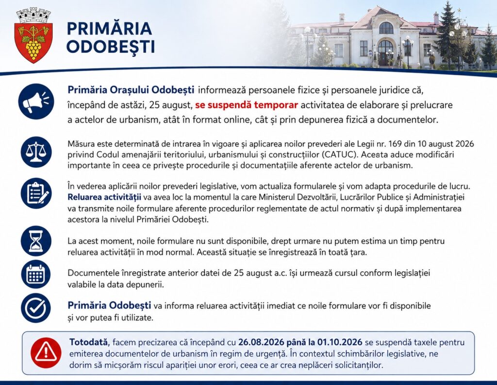 INFORMARE PRIVIND SUSPENDAREA TEMPORARĂ A ACTIVITĂȚII DE URBANISM